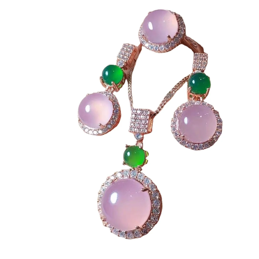 

925 Silver Rose Gold Inlaid Ice Green Chalcedony Round Pendant Set Agate Earrings Ring Three-Piece Set