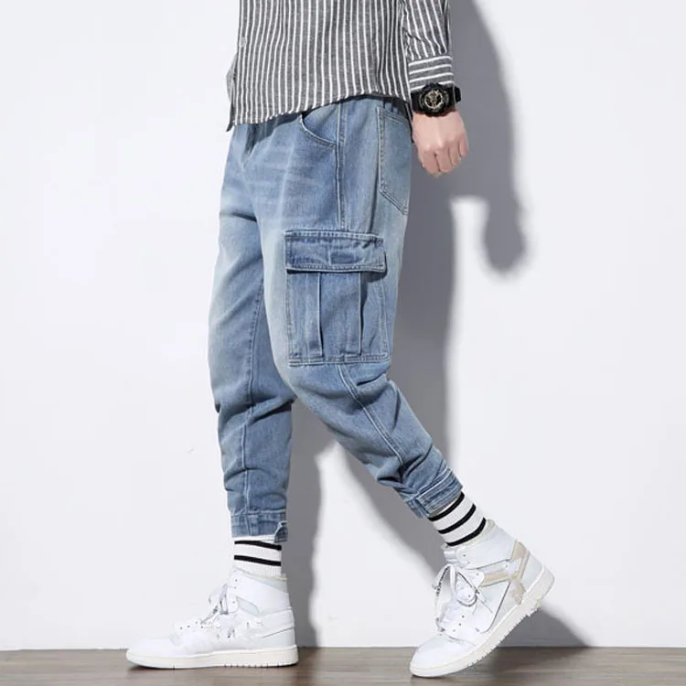 

Men Multi-Pocket Harem Hip Pop Man Trousers Pants Light Blue Streetwear Sweatpants Hombre Male Casual Fashion Cargo Jeans Mens