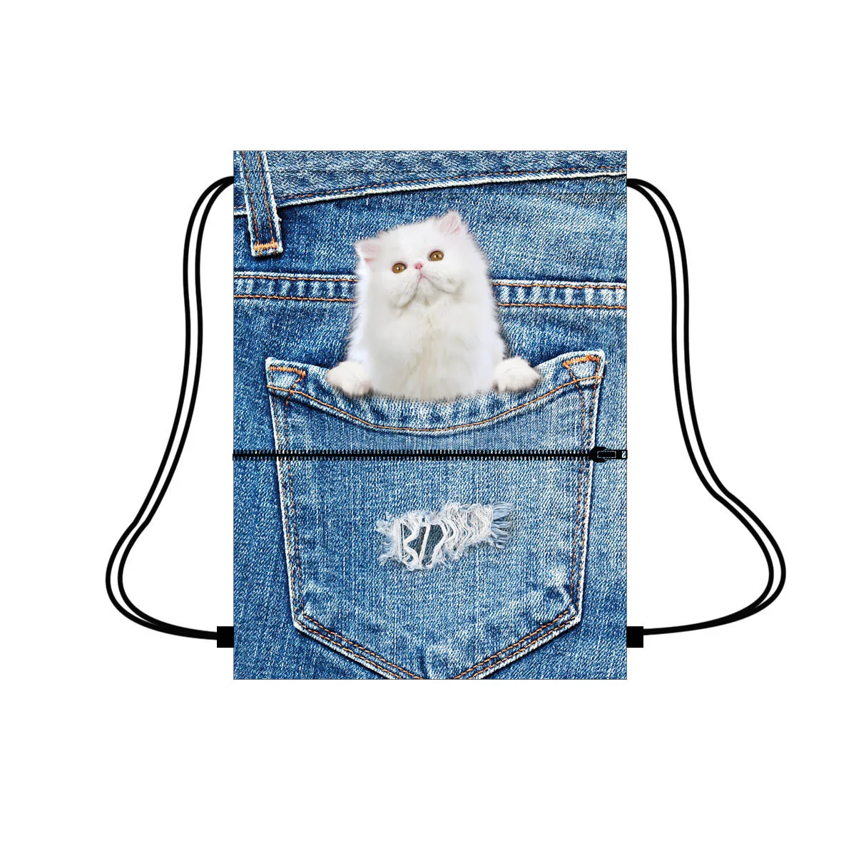 

Lovely white cat on jeans pocket design printing custom drawstring packaging bag with big zipper pocket NO MOQ, Customized