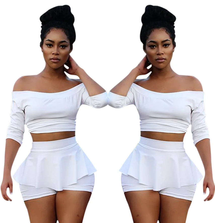 

Sexy Women Short Skirt Pants Pleated Off The Shoulder Two Piece Nightclub Sets 2 Piece Crop Top Set, Picture color