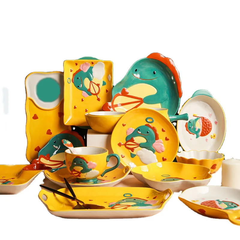 

Cute cartoon dinosaur Dishes Tableware Plates bowl Dinnerware Sets, Yellow and green