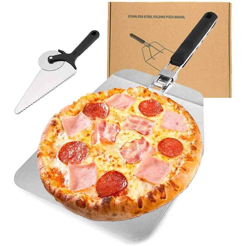 

Hot Sale Food Grade Big Size Stainless Steel Soft Handle Pizza Turner Pizza Tool Pizza Peel with Folding Handle, Silver ,black