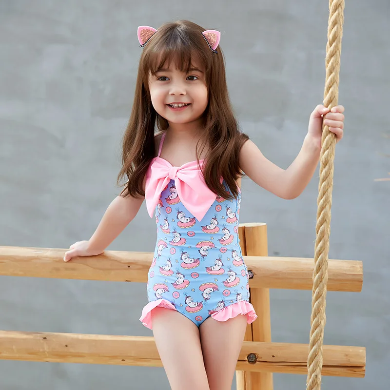 

Trendy Bowknot Sling Ruffled Swimming Costume One Piece Cartoon Swimwear Little Girl Kids Swimwear Guangzhou