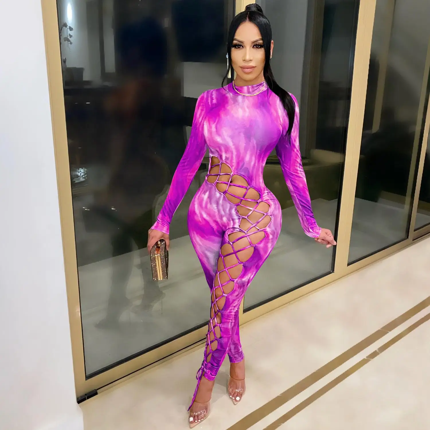 

s353a sexy casual bodycon jumpsuit 2021 new fashion club Hollowed out lace up women's jumpsuit