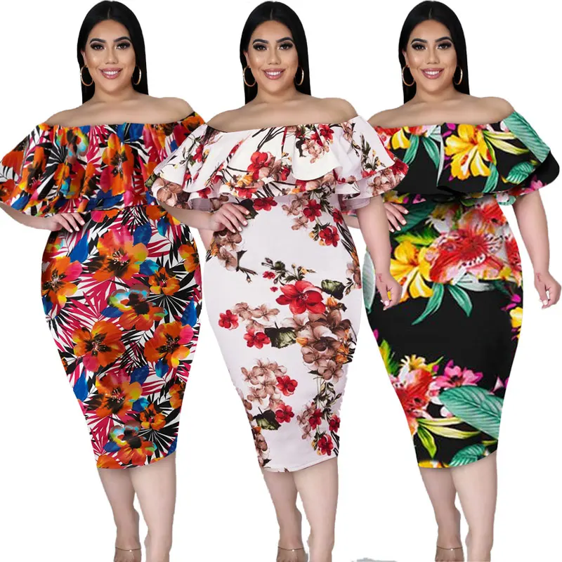 

High Quality 2021 New Arrive Wholesale Fashion Tropical Print Plus Size Dress For Women