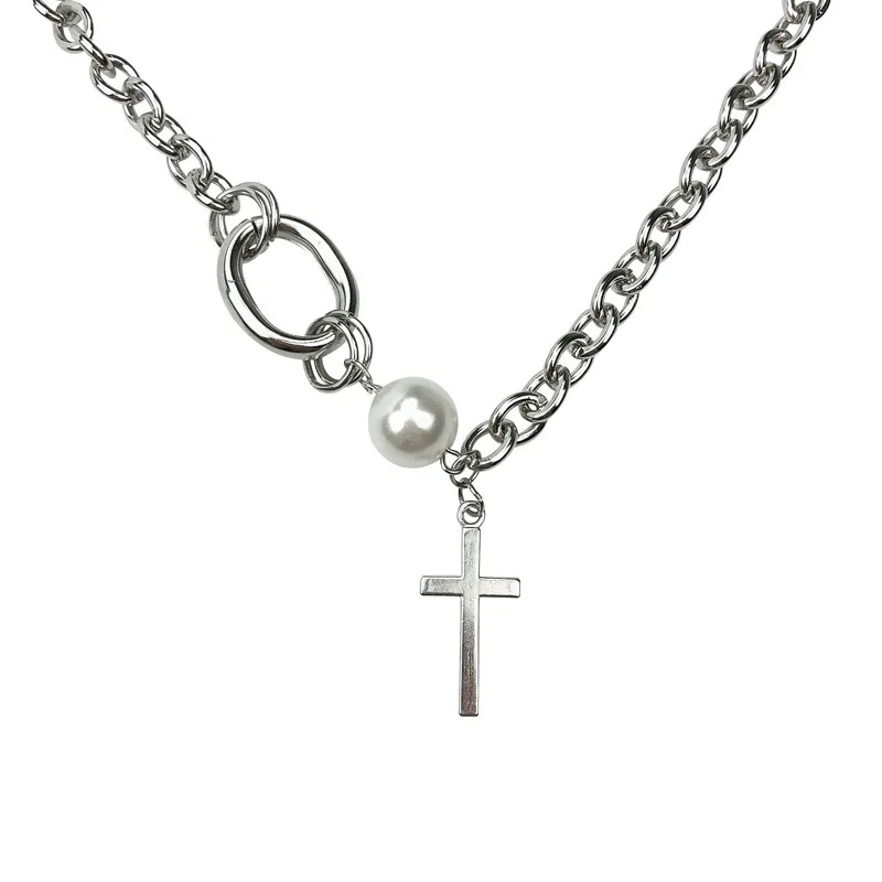 

2021 Fashion Retro 316L Stainless Steel Long Chain Cross Pendant Necklace Pearl Cross Heavy Chain Necklace, Platinum plated