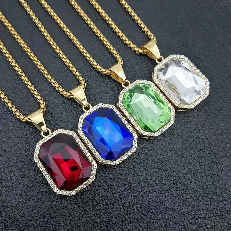 

Hot Selling Hip Hop Stainless Steel Real Gold Plated Natural Gem Stone Pendant Necklace Multi Color