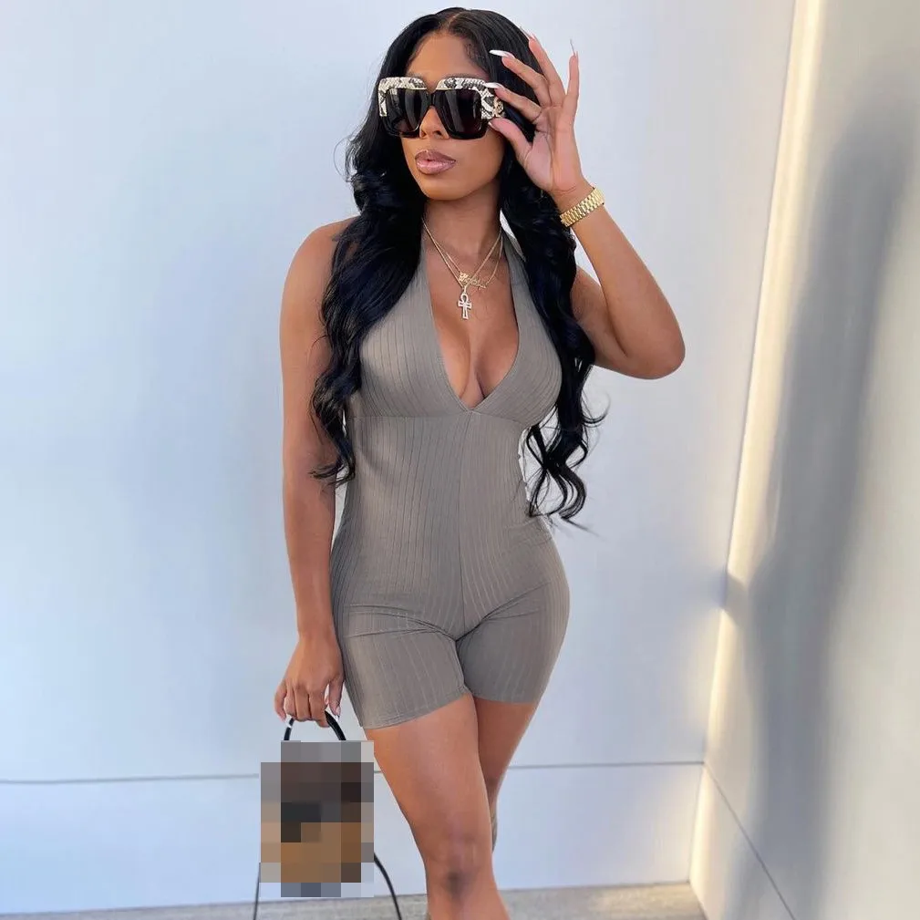 

2021 Summer Clothes Trendy Latest Sexy Club V Neck One Piece Ribbed Halter Top Shorts White Backless Romper Jumpsuit Women, Pink,black,white,gray,blue