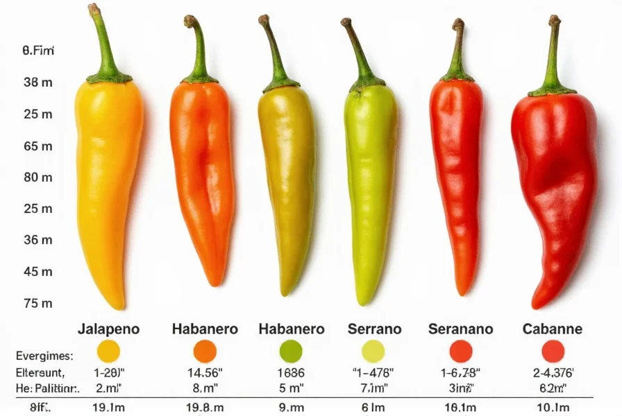 Comparative chart of hot pepper varieties showing jalapeño, habanero, serrano, and cayenne peppers with heat level indicators and size references