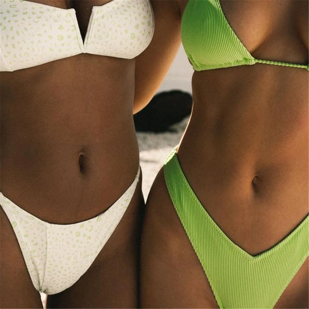 

New 2021 Summer Green Thong Ladies Bathing Suit Swimsuit Two Piece Sets Swimwear, Customized color