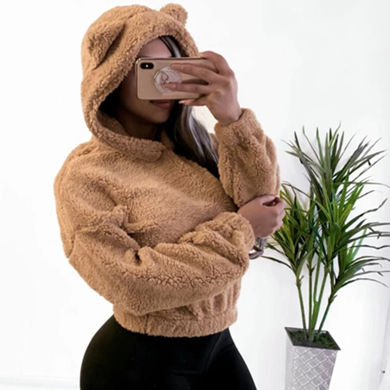 

Womens Teddy Bear Ear Faux Fur Hoodies Sweatshirts Ladies Jumper Pullover Crop Tops Winter Warm Hoodie Fluffy Fleece Coat Sweats, Customized color