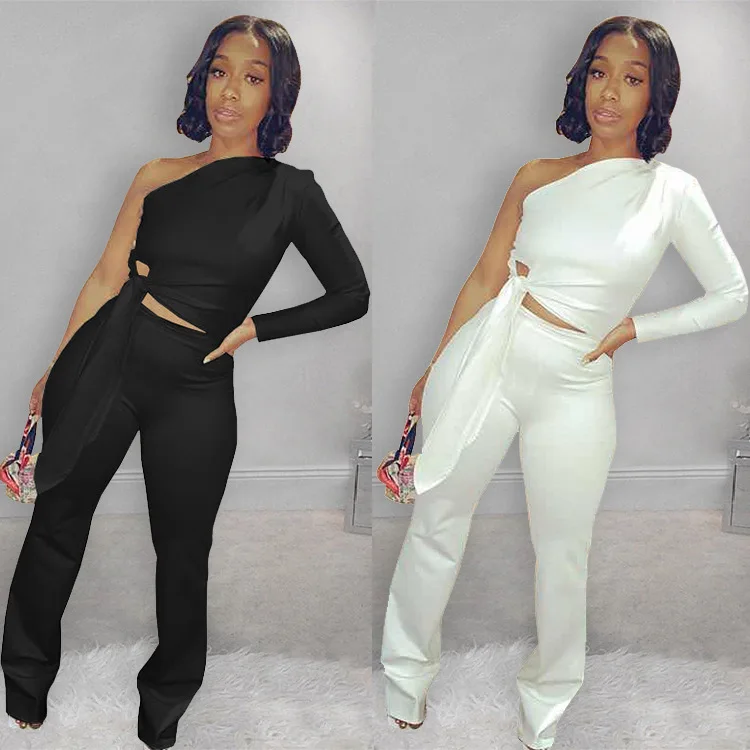 

6032 Wholesale fashion tops women 2 piece set clothing solid color sets for women two pieces bodycon pants women sets