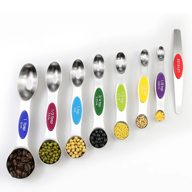 

8 Pieces stainless steel magnetic measuring spoons set gold all in one stackable measuring spoon mini, 4colors