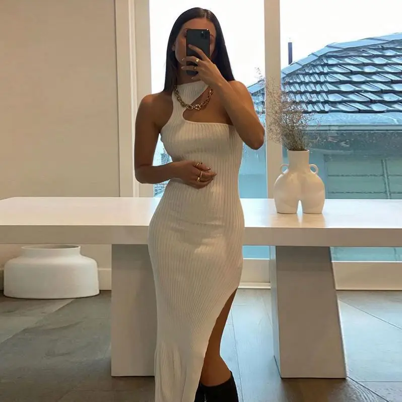 

Robe Snug Bodycon Vestidos 2021 New One Shoulder Split Summer Ribbed Long Dress Women Slim Fitness Sexy Tight Maxi Dress, Shown