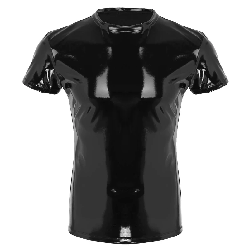 

iEFiEL Mens Faux Leather Short Sleeve T-shirt Round Neck Slim Fit Tight Tank Top Shirt Clubwear
