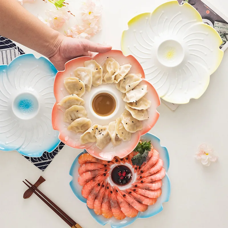 

Japanese-style sakura dumpling plate with vinegar dish creative ceramic household dish, Picture color