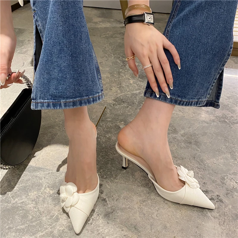 

Brand shoes high heel flower decor satin women pumps pointed toe slip on lady loafer mules summer fashion female sliders