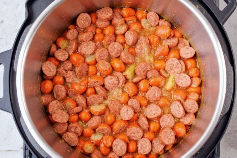 Sausage and peppers dish on a wooden cutting board