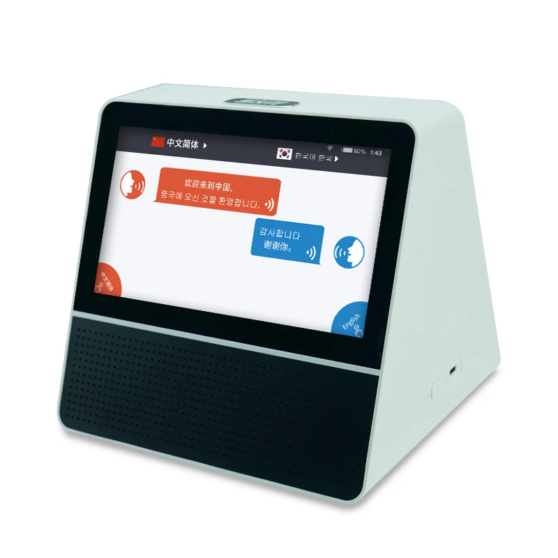 

Dual-screen voice translator for 53 languages in international business meetings