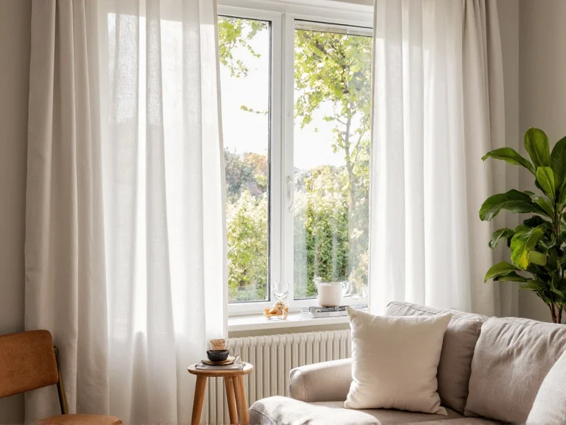 Handmade linen curtain drapes in sunlit living room