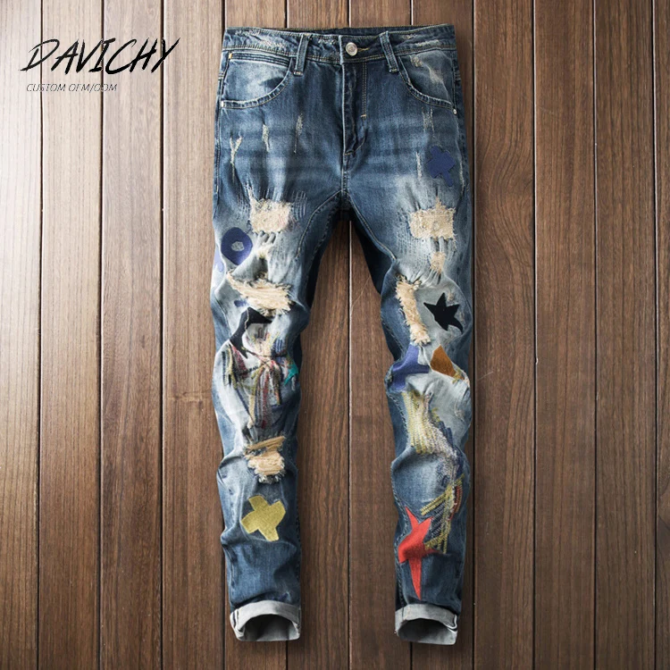 

2021 Latest Men Jeans Distressed Trousers Hole Patch Embroidery Casual Slim Fit Denim Man Stretch Pants, Custom logo