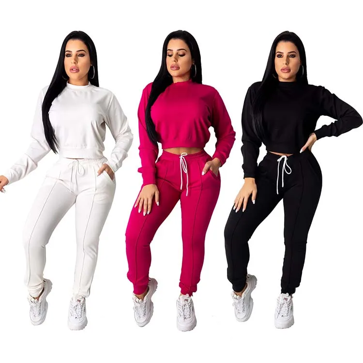 

2021 Fashion Custom Fall Women sexy solid color loose crop tops and slit pants Two Piece set for Plus Size Clothing