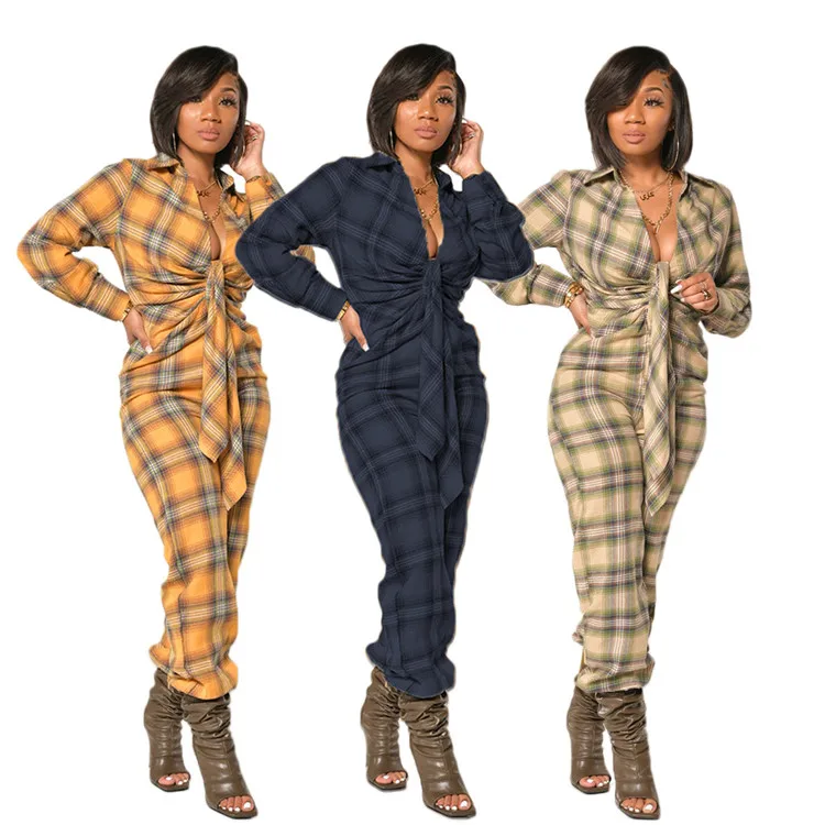 

Autumn Turn Down Collar Long Sleeve One Piece Women Lace Up Loose Tie Dye Plaid Jumpsuit Women