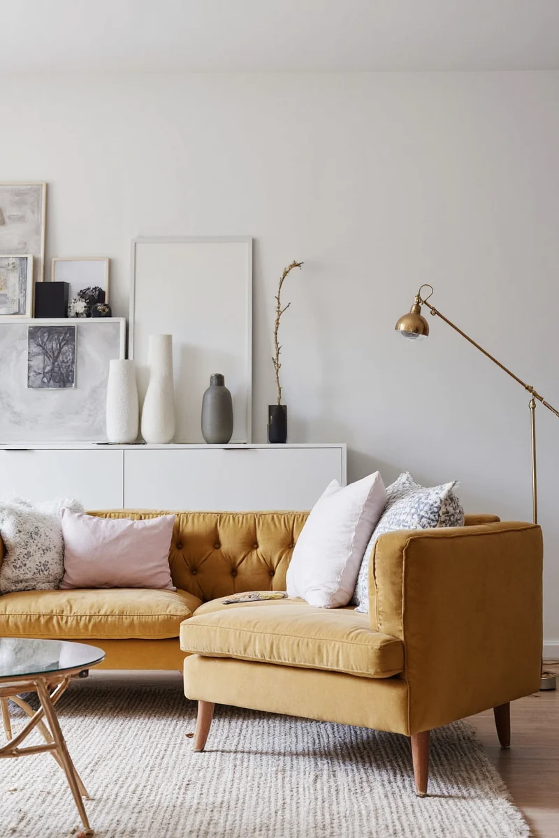 Layered lighting in a flat living room with floor lamps and string lights