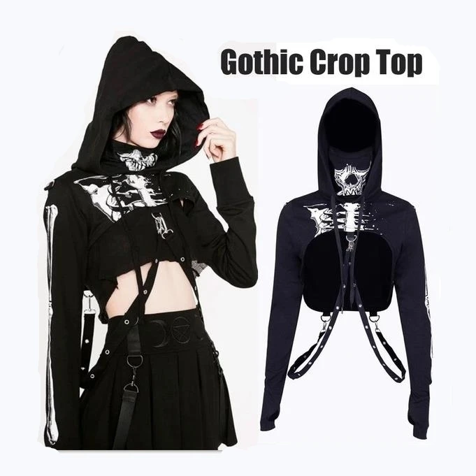 

Women Fashion Black Gothic Clothing Fashion Rivet Straps Hoodie Skull Printed Crop Top Cosplay Costume