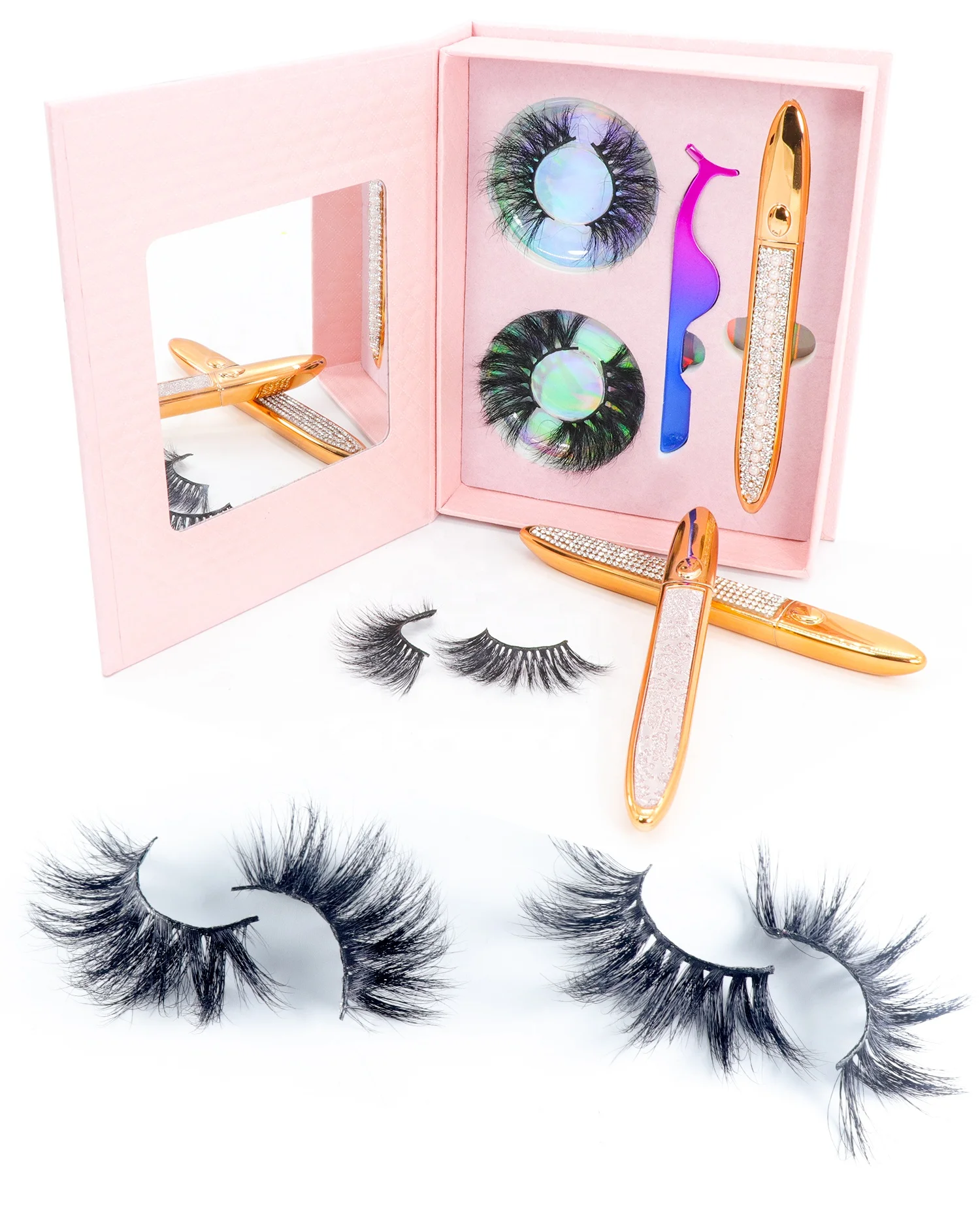 

2021 High Quality Fluffy Lash And Adhesive Stick Lash Eyeliner Pen And tweezer Set with Customized boxes, Natural black