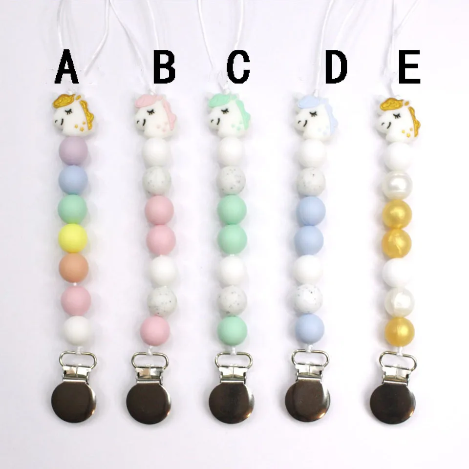 

Hot Sale Colorful Silicone Beads Unicorn Shape Teether Toddler Baby Soother Clip