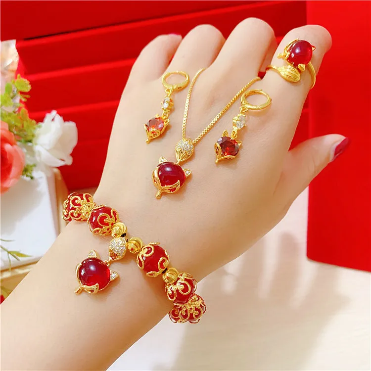 

red gemstone fox jewelry set ruby crystal gold plated fox pendants necklace huggies earrings bracelet rings women jewelry sets