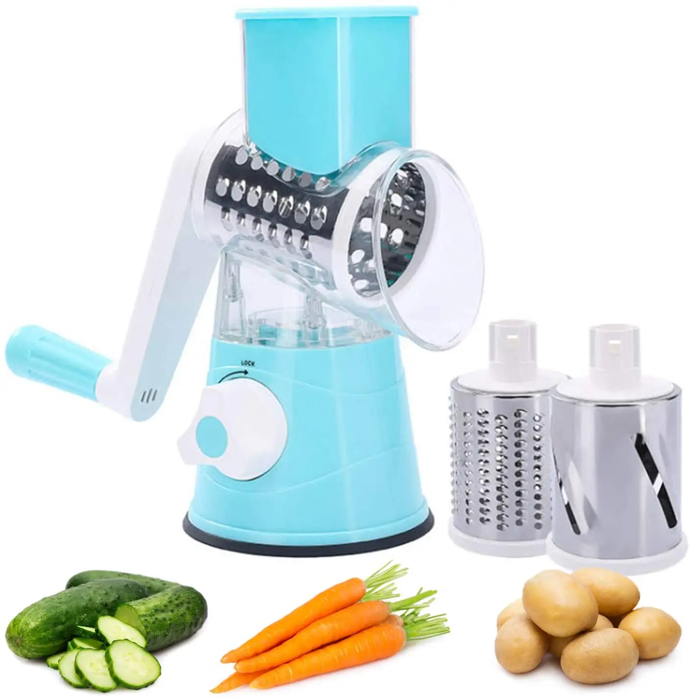 

Amazon hot sale 3 in 1 kitchen accessory handheld manual cheese grater grinding shredder food chopper rotary vegetable slicer, Green, red, blue
