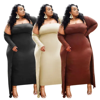 

2021 Casual hot-selling boutique Women Two-piece set tube top Plus Size Dress with long coat
