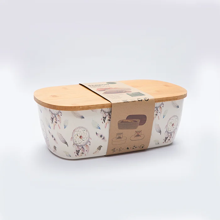 BPA free FDA LFGB oval organic bamboo fiber breadbox with customized decal printing pattern