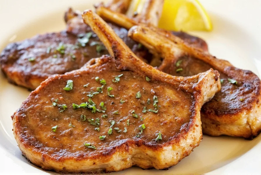 Sizzling pork chops in a cast iron skillet