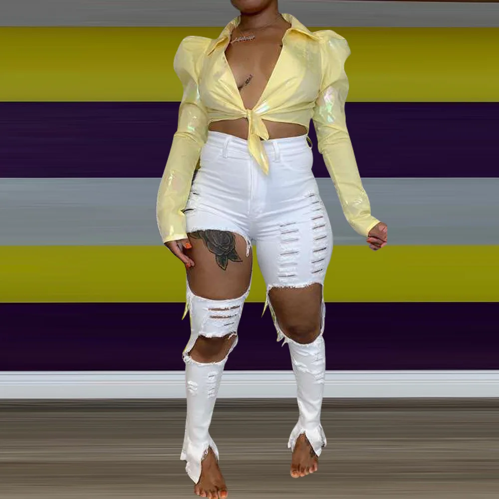 

Female Club fashion Jeans Casual tight Ripped Jeans Skinny Women's Jeans blue Trousers, White