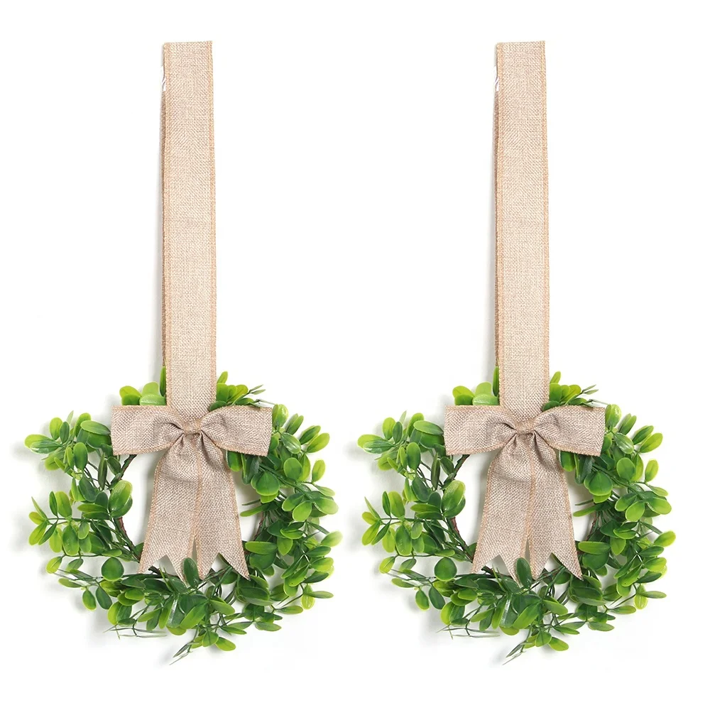 

Hot selling 2 pcs Hanging Boxwood with Green Leaves Buffalo Plaid Bow Ribbon Cabinet Wreaths for Kitchen Farmhouse Decors