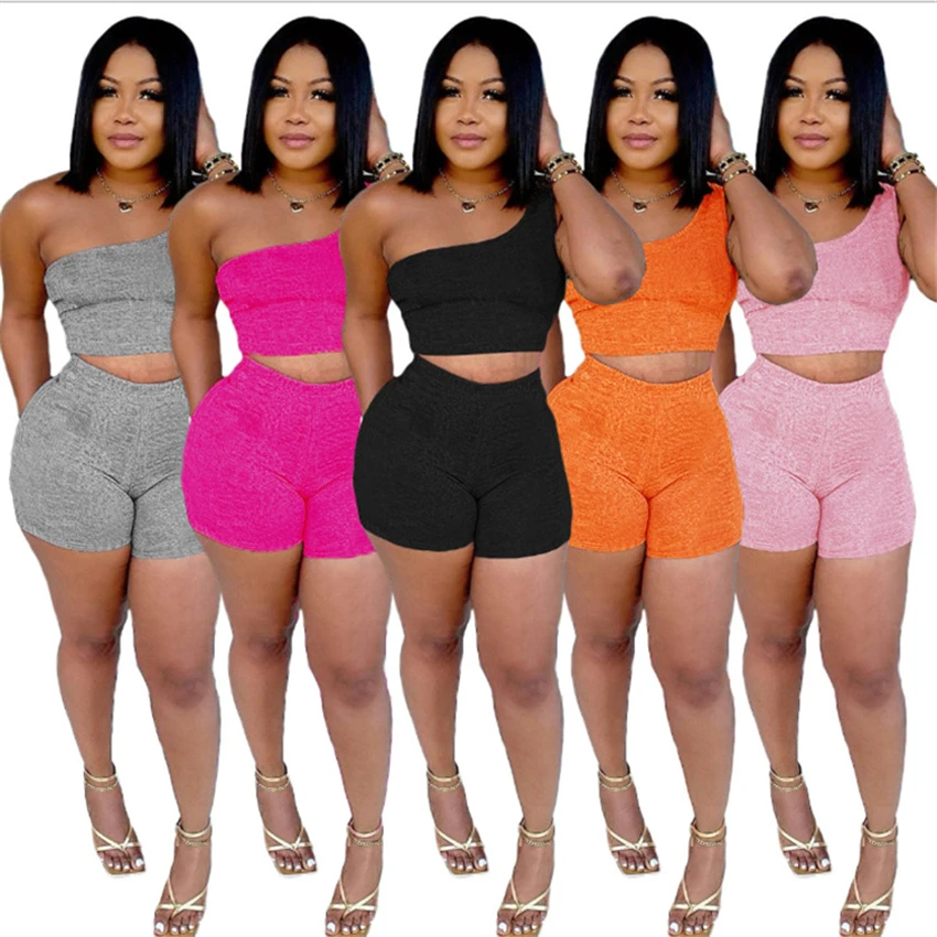 

new two piece set 2021 cute fashion women's wear, one shoulder crop top with shorts summer 2 piece short set, Custom choose