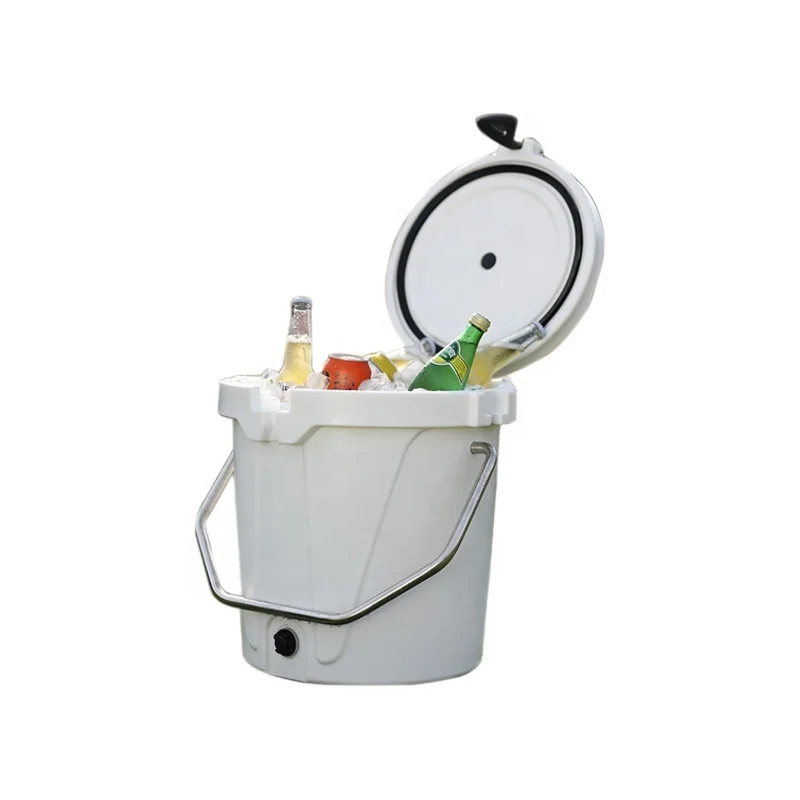 

5 Gallon,Round, White Plastic travel ice chest coolers cool box with wheels and bottle opener, Seafoam, white, grey, tan