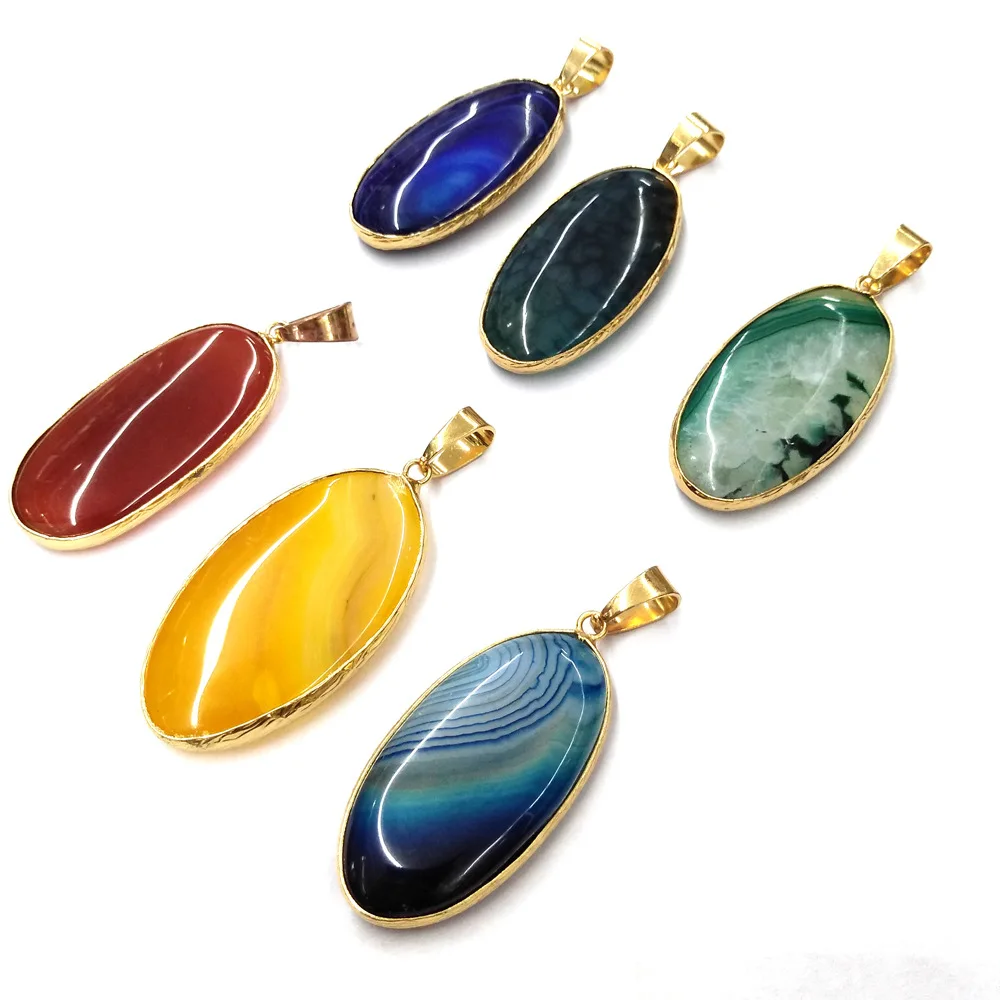 

22x45mm Dyed & Natural Stone Semi-gem Oval Shaped Agate Pendant DIY Necklace Jewelry making