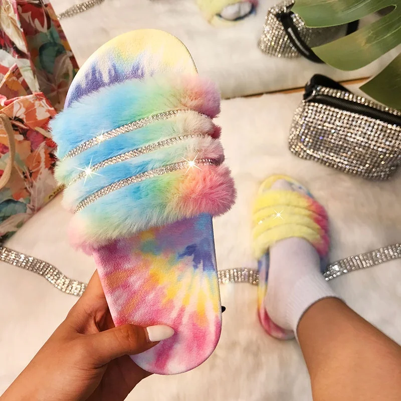 

winter women footwear slides tie dye rainbow color shining rhinestone flat soft fur shoes for lady women indoor slippers