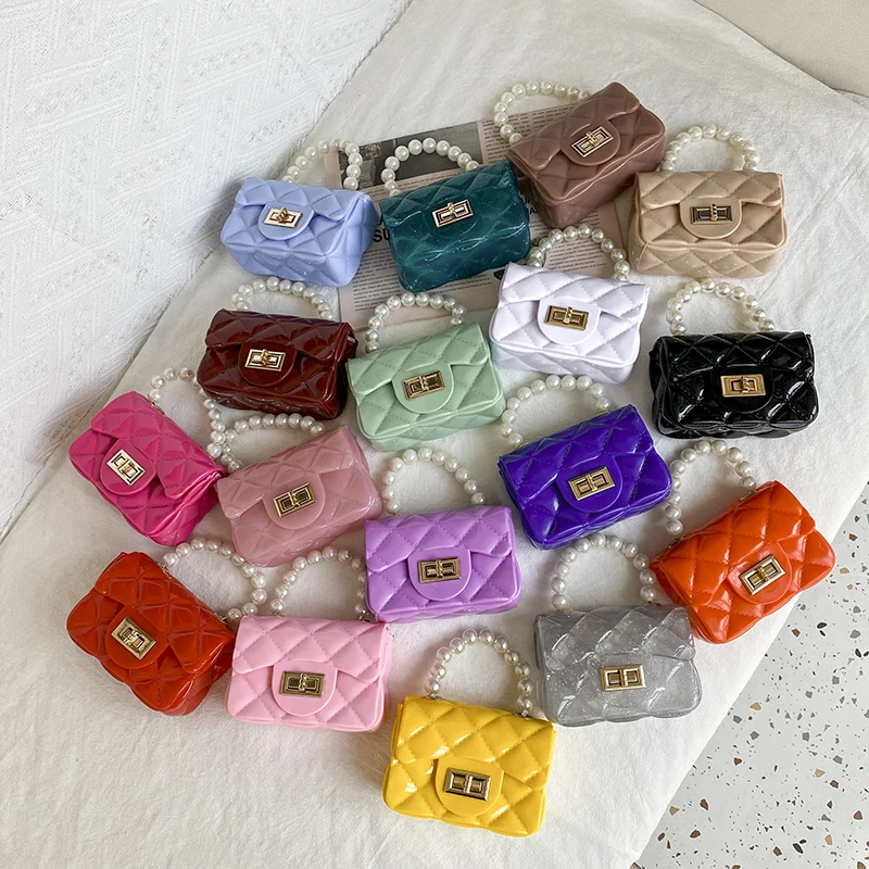 

Latest Pearl Chain Candy Color Jelly Mini Handbag Women Hand Bag For Girls Purses