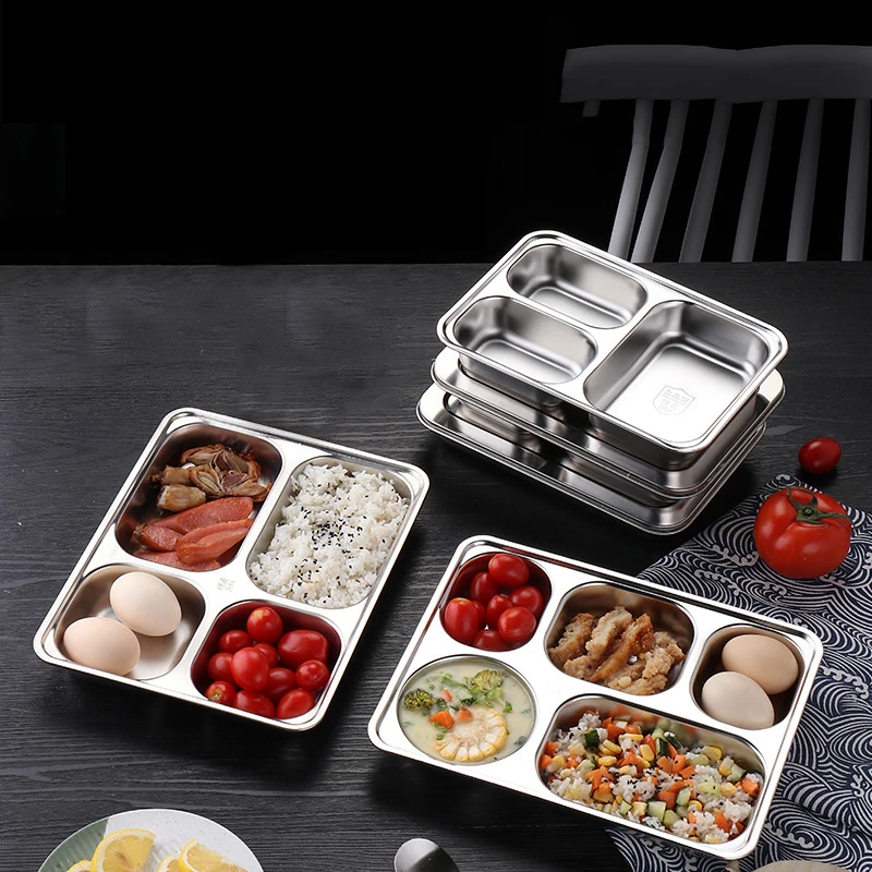 

LIHONG 4 5 Compartment 18/8 Stainless Steel Plates Divide Food Lunch Plates Fast Food Box Container Tray For School, Silver