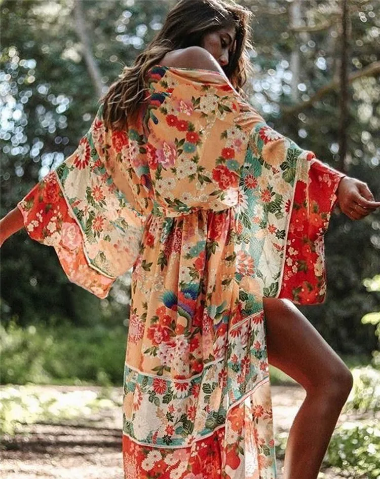 

hot sale stock chiffon long sleeve beach sexy maxi printed kimonos with belt