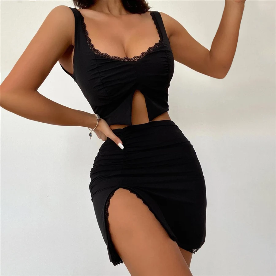 

Nibber K21S00803 Lace two-piece women 2021 sexy low-neck halter suit crop top + side slit skirt casual dress factory wholesale