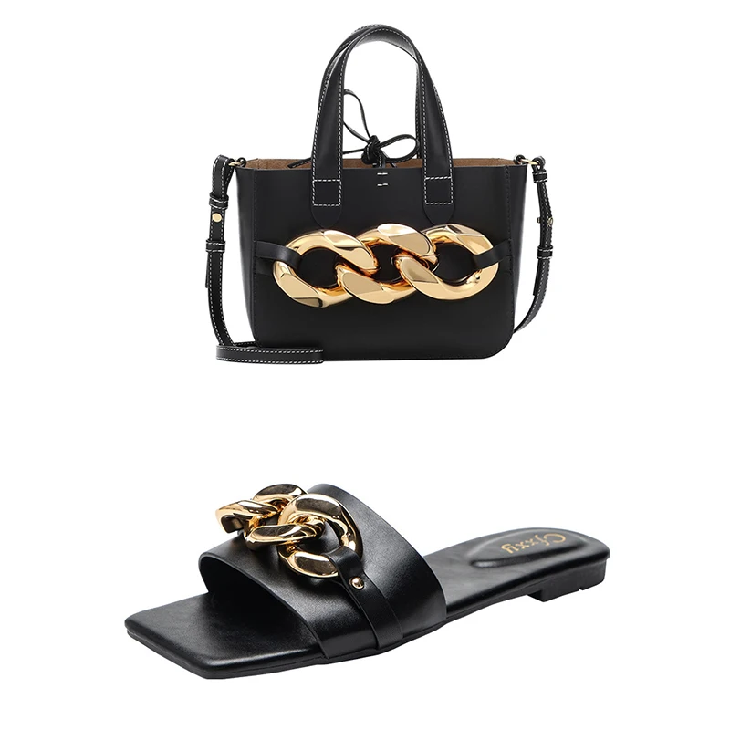 

new arrival chain shoulder hand bags sets plus size streetwear leather flat sandals and crossbody purse sets for women, Picture color