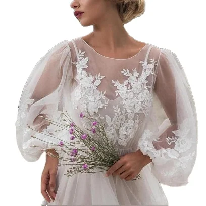 

Elegant woman Long Bubble sleeve mesh embroidery lace wedding dress, White