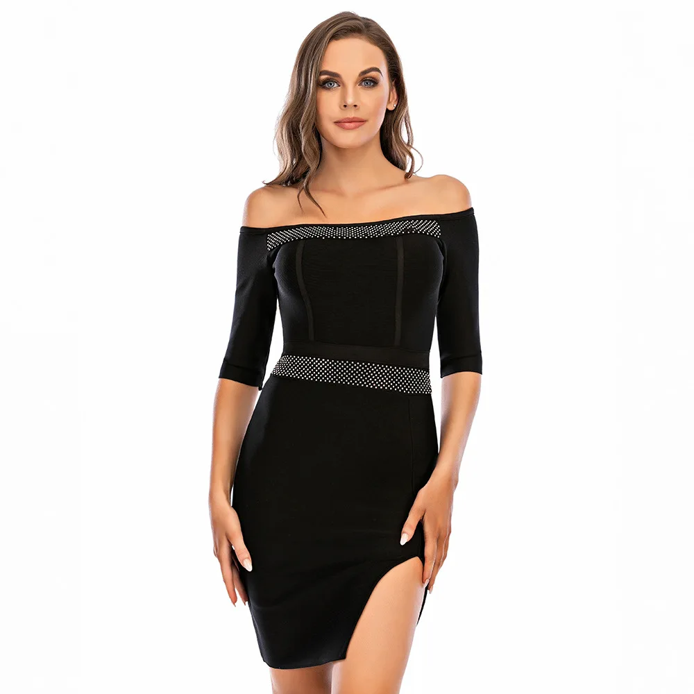 

women bandage dress black plain dress ladies open back sexy short sleeve long dress