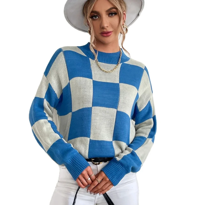 

wholesale crew neck plaid women's sweaters knitted jumper color block pullover pull femme